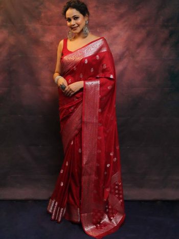 TRADITIONAL LICHI SILK SILVER ZARI WEAVING WORK SAREE WITH UNSTITCHED BLOUSE RED