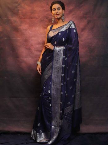 TRADITIONAL LICHI SILK SILVER ZARI WEAVING WORK SAREE WITH UNSTITCHED BLOUSE BLUE