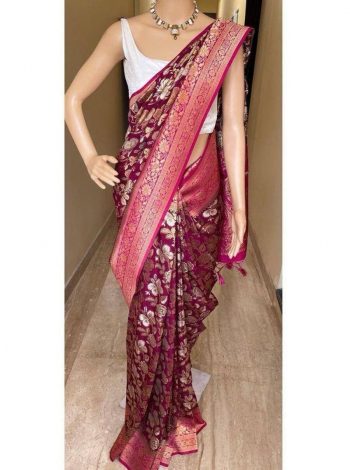 TRADITIONAL LICHI SILK WEAVING WORK SAREE WITH UNSTITCHED BLOUSE WINE