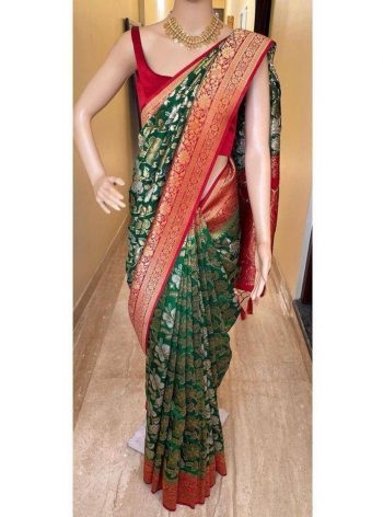 TRADITIONAL LICHI SILK WEAVING WORK SAREE WITH UNSTITCHED BLOUSE GREEN
