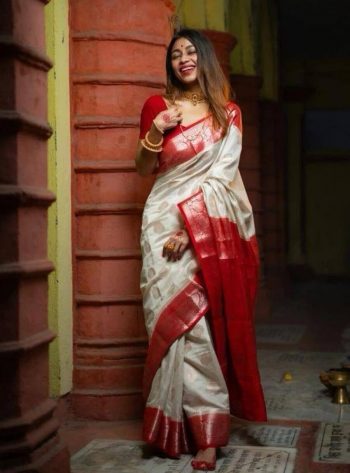 TRADITIONAL LICHI SILK ZARI JACQUARD WORK SAREE WITH UNSTITCHED BLOUSE WHITE