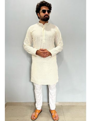 TRADITIONAL PURE CAMBRIC CHIKANKARI SEQUENCE THREAD EMBROIDERY WORK MEN'S KURTA WITH PAYJAMA WHITE