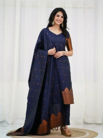 TRADITIONAL SILK BLENDED ZARI WEAVING WORK TOP BOTTOM WITH DUPATTA BLUE