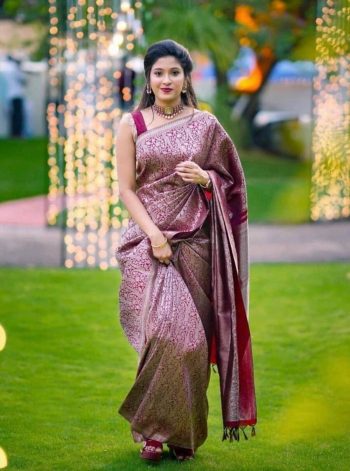 TRADITIONAL SOFT LICHI SILK WEAVING WORK SAREE WITH UNSTITCHED BLOUSE WINE