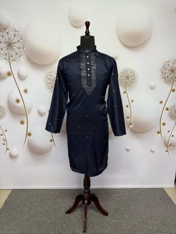 TRADITIONAL VISCOSE SILK EMBROIDERY SEQUENCE WORK MEN'S KURTA WITH PAYJAMA BLACK