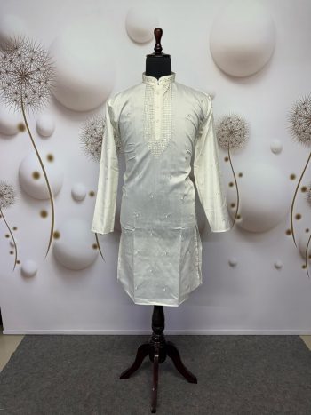 TRADITIONAL VISCOSE SILK EMBROIDERY SEQUENCE WORK MEN'S KURTA WITH PAYJAMA WHITE