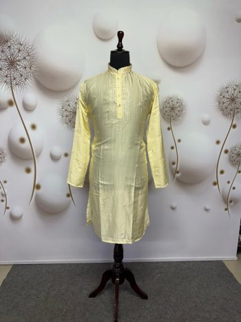 TRADITIONAL VISCOSE SILK EMBROIDERY SEQUENCE WORK MEN'S KURTA WITH PAYJAMA YELLOW