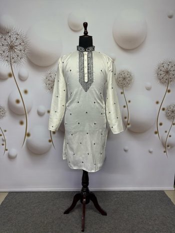 TRADITIONAL VISCOSE SILK EMBROIDERY SEQUENCE WORK MEN'S KURTA WITH PAYJAMA WHITE