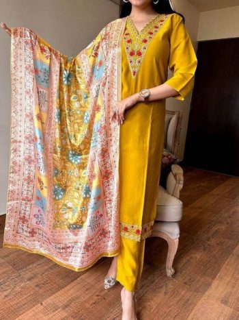 TRANDING VISCOSE CHANDERI SEQUENCE CODING EMBROIDERY WORK TOP BOTTOM WITH DUPATTA MUSTARD