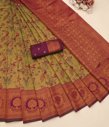 TRENDING BANARASI SOFT SILK BORDER WORK SAREE WITH UNSTITCHED BLOUSE MEHNDI