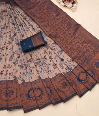 TRENDING BANARASI SOFT SILK BORDER WORK SAREE WITH UNSTITCHED BLOUSE CREAM