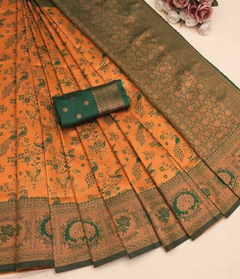 TRENDING BANARASI SOFT SILK BORDER WORK SAREE WITH UNSTITCHED BLOUSE ORANGE