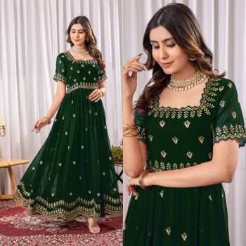 TRENDING BLOOMING GEORGETTE EMBROIDERY ZARI SEQUENCE WORK ONLY GOWN GREEN