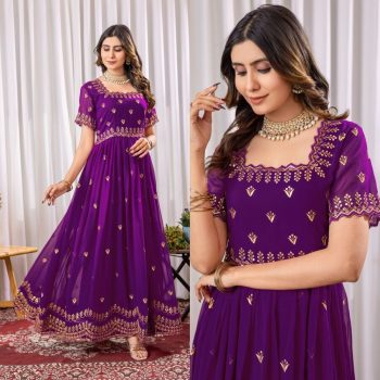 TRENDING BLOOMING GEORGETTE EMBROIDERY ZARI SEQUENCE WORK ONLY GOWN PURPLE