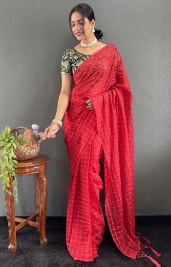 TRENDING CHIFFON KHADI PRINTED PLAIN SAREE WITH UNSTITCHED BLOUSE RED