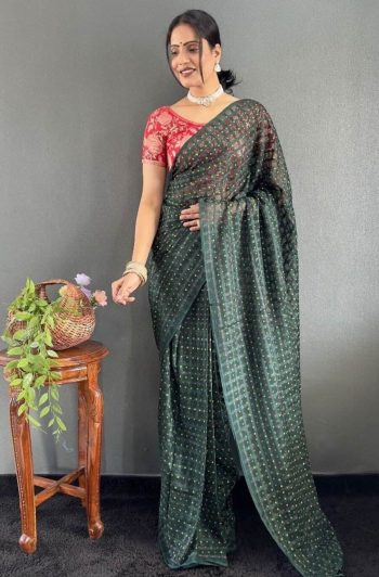 TRENDING CHIFFON KHADI PRINTED PLAIN SAREE WITH UNSTITCHED BLOUSE GREEN