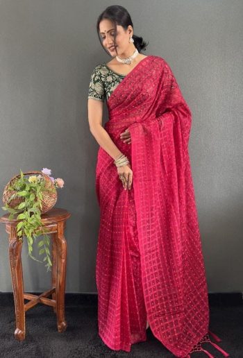 TRENDING CHIFFON KHADI PRINTED PLAIN SAREE WITH UNSTITCHED BLOUSE RANI