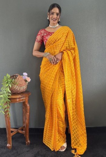 TRENDING CHIFFON KHADI PRINTED PLAIN SAREE WITH UNSTITCHED BLOUSE YELLOW