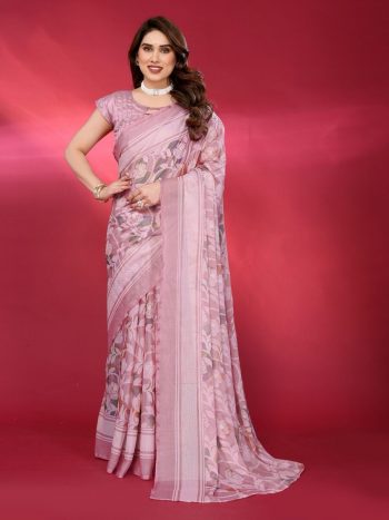 TRENDING CHIFFON PRINTED FOIL WORK SAREE WITH UNSTITCHED BLOUSE PINK