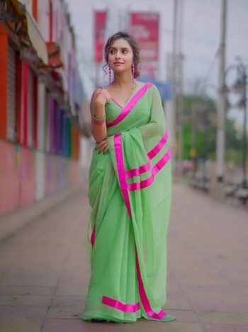 TRENDING CHIFFON SATIN LACE WORK SAREE WITH UNSTITCHED BLOUSE PERROT GREEN