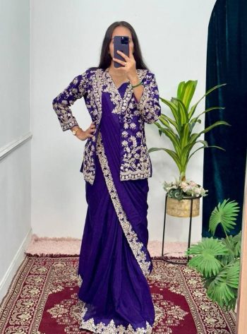 TRENDING CHINON EMBROIDERY BORDER WORK ONE MINUTE SAREE STITCHED BLOUSE WITH KOTI PURPLE
