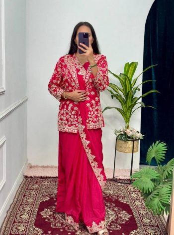 TRENDING CHINON EMBROIDERY BORDER WORK ONE MINUTE SAREE STITCHED BLOUSE WITH KOTI RED