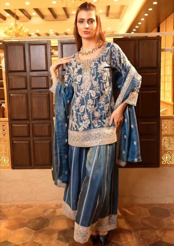 TRENDING CHINON SILK EMBROIDERY CODING SEQUENCE WORK TOP PALAZZO WITH DUPATTA SKY