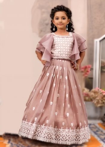 TRENDING CHINON SILK EMBROIDERY WORK KID'S LEHENGA CHOLI WITH DUPATTA PEACH