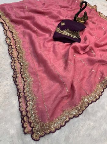TRENDING CRUNCHY CRUSH EMBROIDERY SEQUENCE ZARI WORK SAREE WITH UNSTITCHED BLOUSE GAJRI