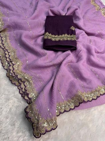 TRENDING CRUNCHY CRUSH EMBROIDERY SEQUENCE ZARI WORK SAREE WITH UNSTITCHED BLOUSE PINK