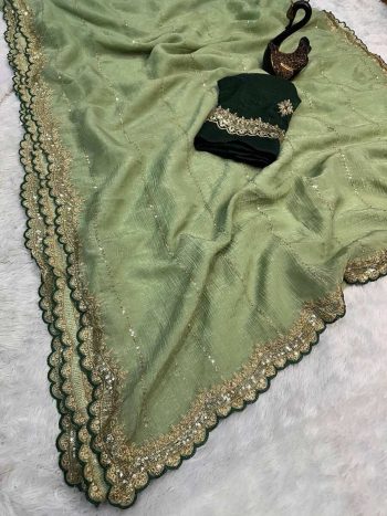 TRENDING CRUNCHY CRUSH EMBROIDERY SEQUENCE ZARI WORK SAREE WITH UNSTITCHED BLOUSE PISTA