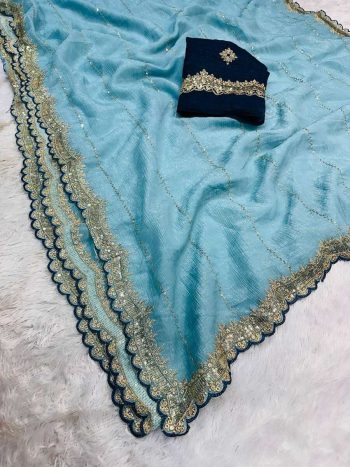 TRENDING CRUNCHY CRUSH EMBROIDERY SEQUENCE ZARI WORK SAREE WITH UNSTITCHED BLOUSE SKY