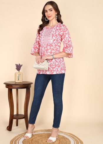 TRENDING COTTON PRINTED EMBROIDERY WORK ONLY SHORT KURTI BABYPINK