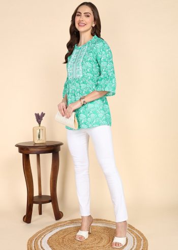 TRENDING COTTON PRINTED EMBROIDERY WORK ONLY SHORT KURTI SKY