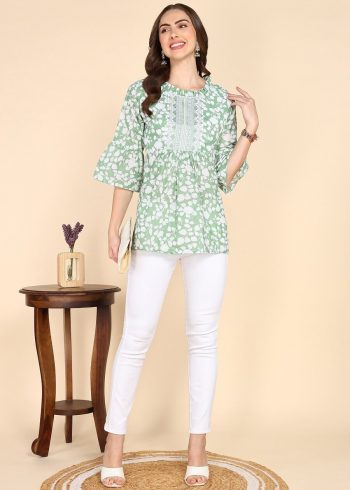 TRENDING COTTON PRINTED EMBROIDERY WORK ONLY SHORT KURTI PISTA