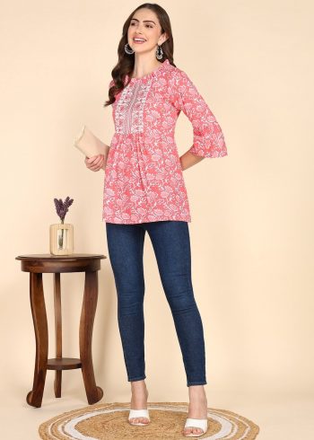 TRENDING COTTON PRINTED EMBROIDERY WORK ONLY SHORT KURTI GAJRI