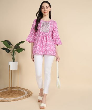 TRENDING COTTON PRINTED EMBROIDERY WORK ONLY SHORT KURTI PINK