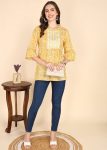 TRENDING COTTON PRINTED EMBROIDERY WORK ONLY SHORT KURTI YELLOW