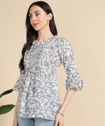 TRENDING COTTON PRINTED EMBROIDERY WORK ONLY SHORT KURTI GREY