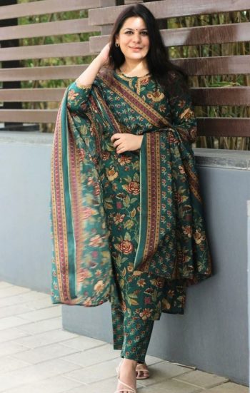 TRENDING COTTON PRINTED LACE WORK TOP BOTTOM WITH DUPATTA GREEN