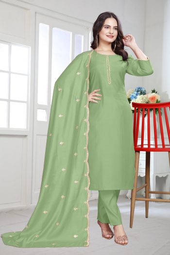 TRENDING COTTON SILK HAND EMBROIDERY WITH MOTI LACE WORK TOP BOTTOM WITH DUPATTA PISTA