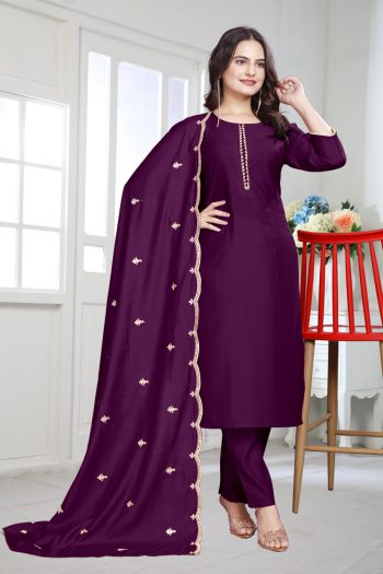 TRENDING COTTON SILK HAND EMBROIDERY WITH MOTI LACE WORK TOP BOTTOM WITH DUPATTA WINE