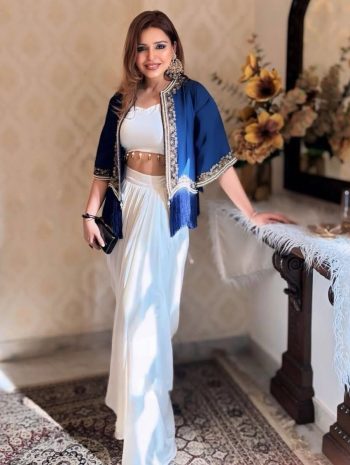 TRENDING CRAPE SILK EMBROIDERY MOTI LACE WORK STITCHED BLOUSE SKIRT WITH KOTI WHITE