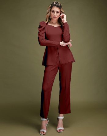 TRENDING CREPE PLAIN SWEETHEART NECK DESIGN FORMAL TOP PANT SET BROWN