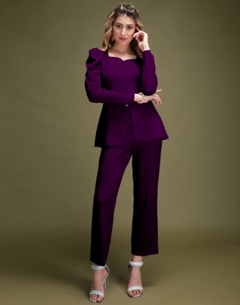 TRENDING CREPE PLAIN SWEETHEART NECK DESIGN FORMAL TOP PANT SET PURPLE