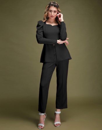 TRENDING CREPE PLAIN SWEETHEART NECK DESIGN FORMAL TOP PANT SET BLACK