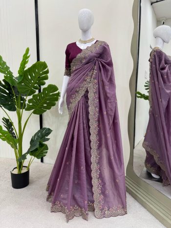 TRENDING CRUNCHY SILK EMBROIDREY SEQUENCE WORK SAREE WITH UNSTITCHED BLOUSE LAVENDER