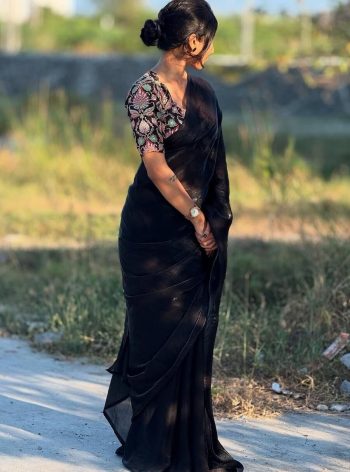 TRENDING FANDY SILK PLAIN SAREE WITH SEQUENCE EMBROIDERY WORK STITCHED BLOUSE BLACK