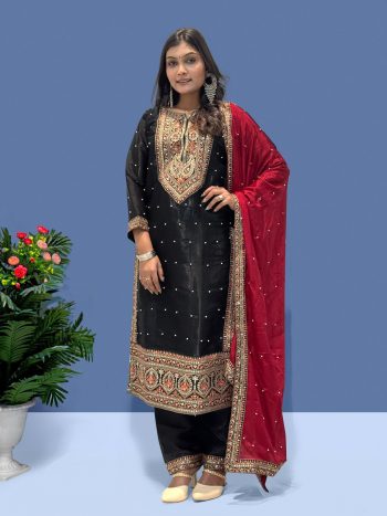 TRENDING FENDY SILK EMBROIDERY CODING SEQUENCE WORK TOP BOTTOM WITH DUPATTA  BLACK