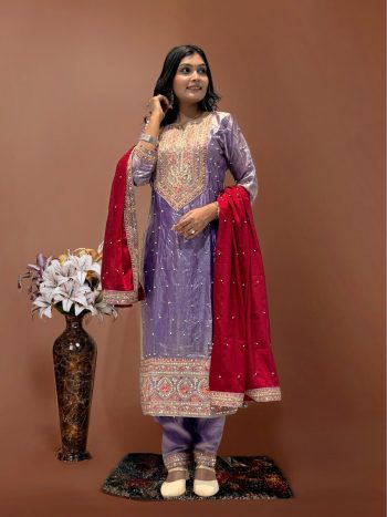 TRENDING FENDY SILK EMBROIDERY CODING SEQUENCE WORK TOP BOTTOM WITH DUPATTA LAVENDER